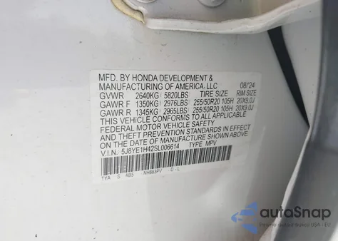 2025 Acura Mdx Technology Package from USA, damaged, VIN 5J8YE1H42SL006614